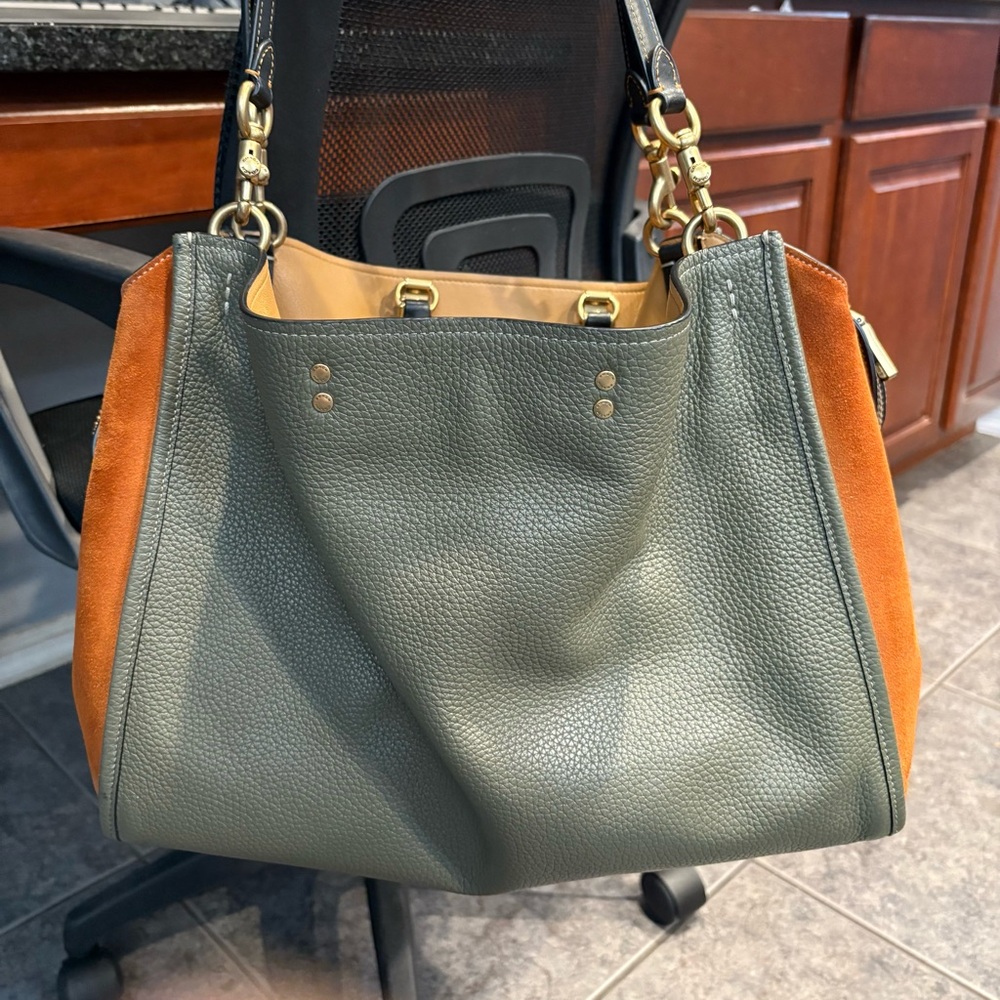 Coach Rouge 39 Green and Brown Satchel with Geometric Design